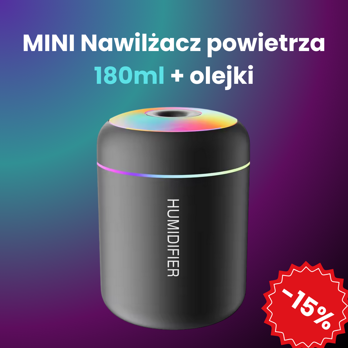 MINI Nawilżacz powietrza 180ml + olejki (czarny)
